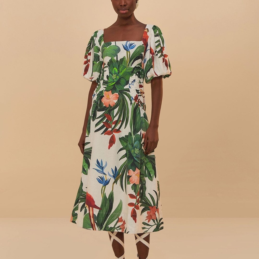 Farm Rio NWT- Off-White Midnight Macaw Fiesta Midi Dress. XS.